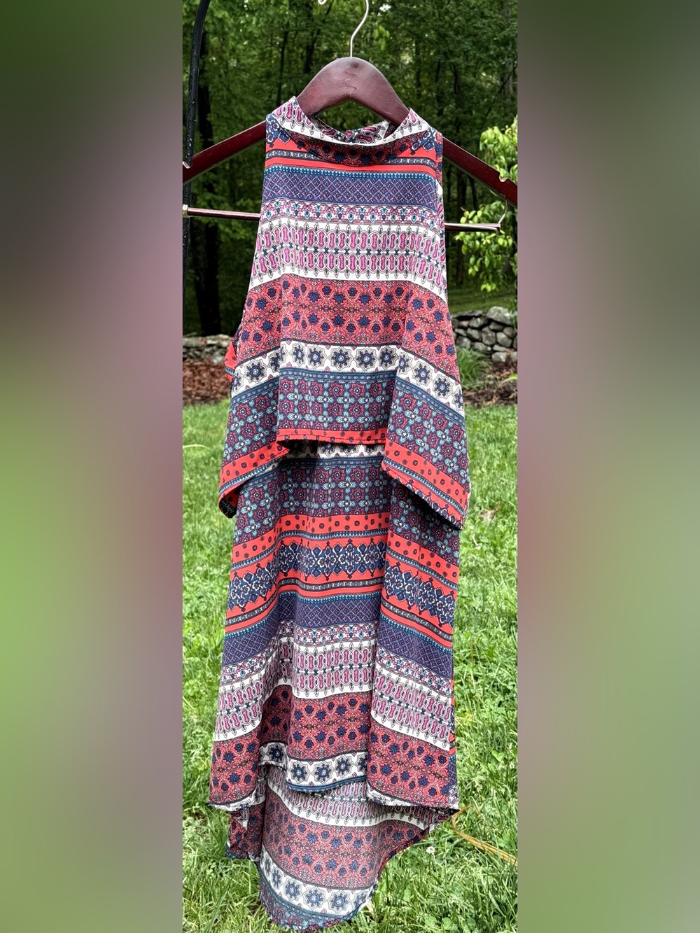 Paper Crane Multi-Tiered Geometric High-Low Dress